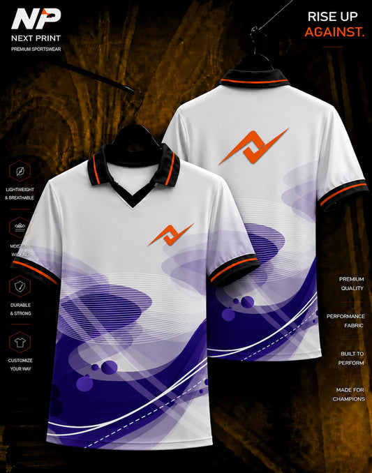 Next Print Aurora Wave Premium Polo Jersey featuring elegant purple wave graphics, white performance fabric, black polo collar, and front and back custom sportswear mockup.