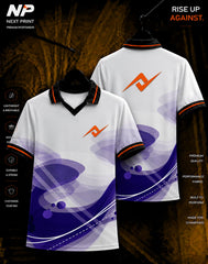 Next Print Aurora Wave Premium Polo Jersey featuring elegant purple wave graphics, white performance fabric, black polo collar, and front and back custom sportswear mockup.