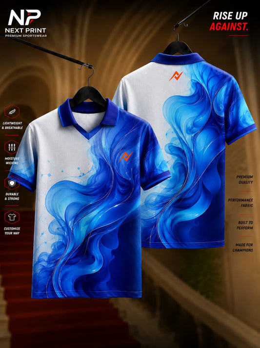 NextPrint blue and white abstract wave polo collar V-neck cricket jersey made from premium dry-fit performance fabric.
