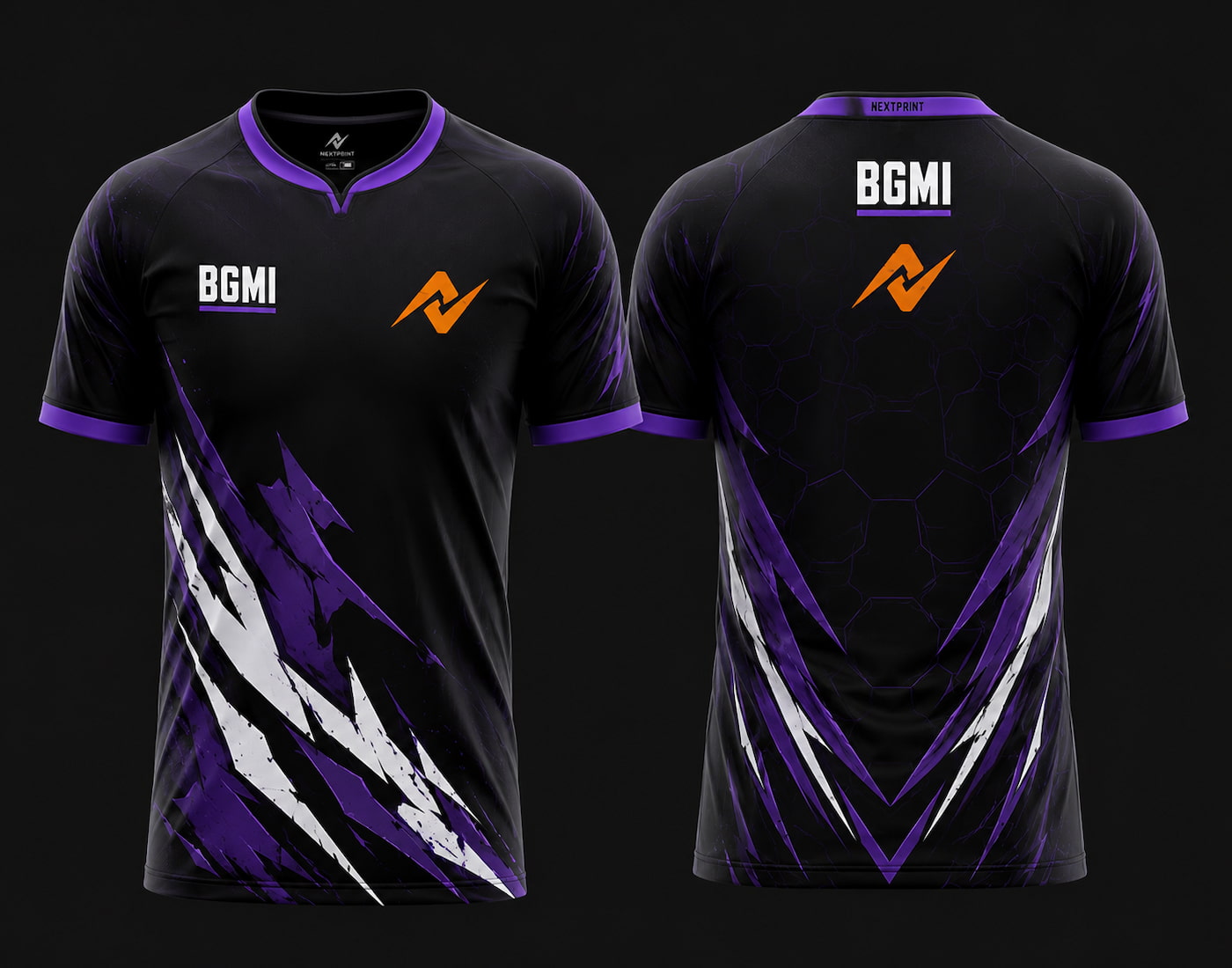 NextPrint BGMI Design 02 Purple Esports Jersey front and back view with premium sublimation print