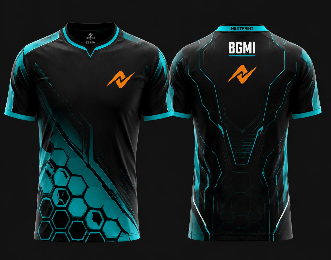 NextPrint BGMI Design 03 Cyan Esports Jersey front and back view with futuristic hexagon gaming pattern