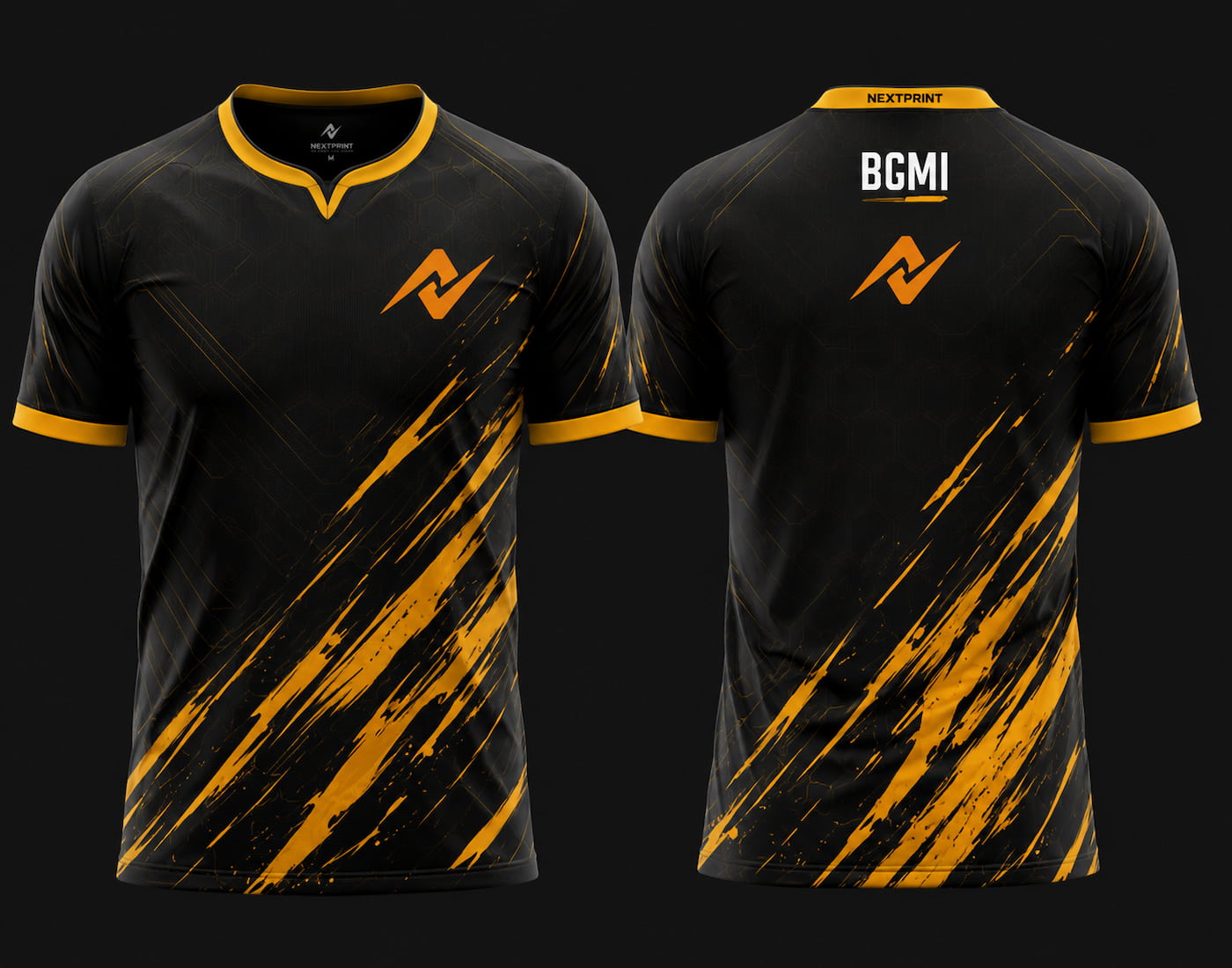 NextPrint BGMI Design 04 Yellow Esports Jersey front and back view with yellow brush stroke graphics