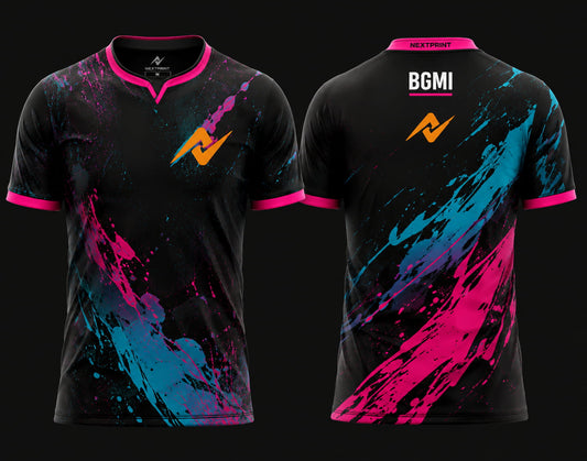 Front and back view of NextPrint BGMI Esports Jersey Design No.08 featuring black base with cyan and magenta splash graphics and premium sublimation print.
