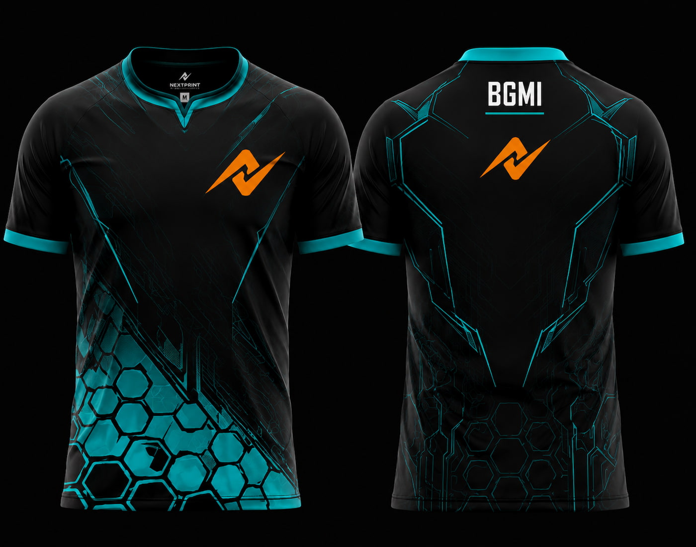 Front and back view of NextPrint BGMI Esports Jersey Design No.10 featuring black and cyan futuristic graphics with cyber hexagonal patterns and premium sublimation print.