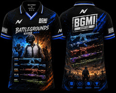 NextPrint BGMI Evo Gun Skins premium black and blue V-neck polo esports jersey featuring battleground soldier artwork and weapon skin inspired front and back design.