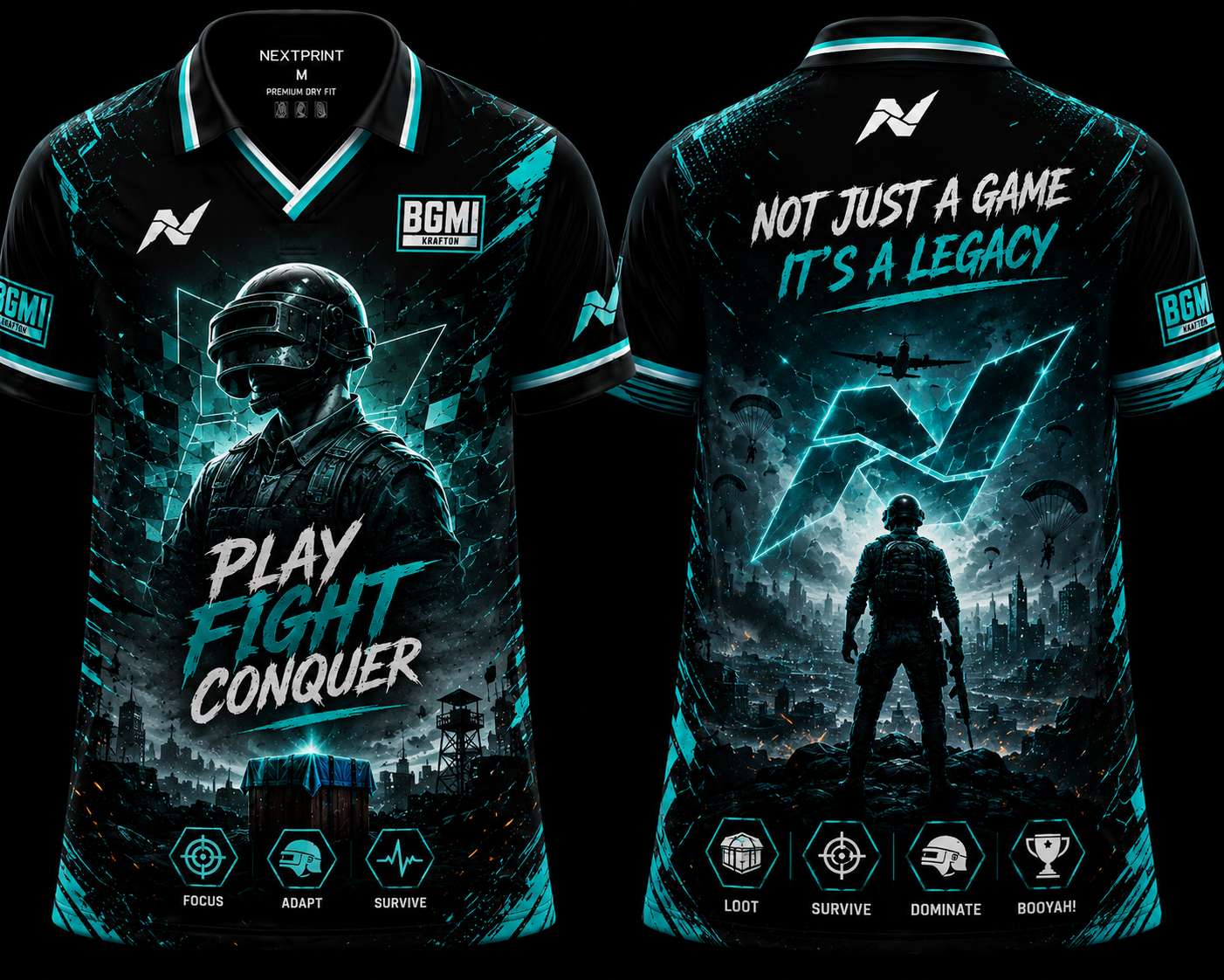 NextPrint BGMI Legacy Edition premium black and cyan V-neck esports jersey featuring battleground soldier artwork and Play Fight Conquer front and back design.
