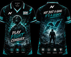NextPrint BGMI Legacy Edition premium black and cyan V-neck esports jersey featuring battleground soldier artwork and Play Fight Conquer front and back design.