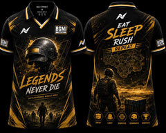 NextPrint BGMI Legends Never Die premium black and gold V-neck esports jersey featuring battleground helmet artwork and motivational gaming slogans on front and back.
