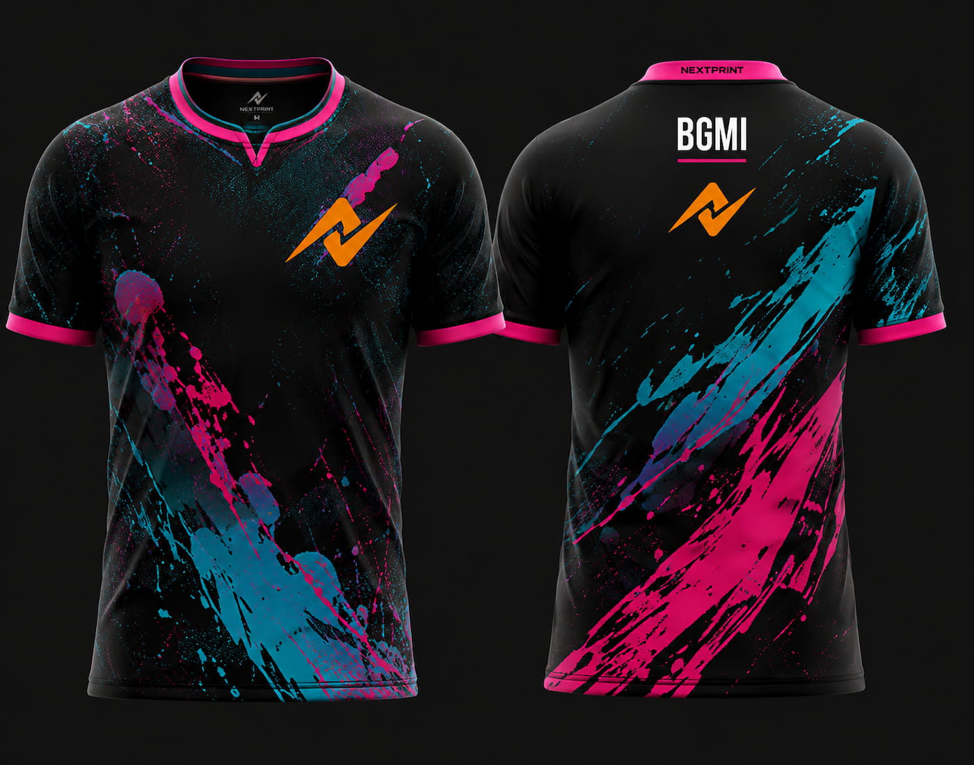 Front and back view of NextPrint BGMI Neon Splash Pink esports jersey featuring black fabric with neon pink and cyan splash graphics.