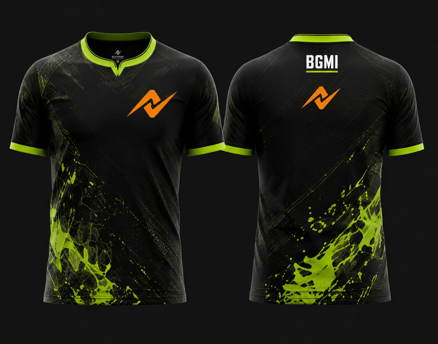 Front and back view of NextPrint BGMI Toxic Splash Green esports jersey featuring black fabric with neon green splash graphics and premium sublimation print.