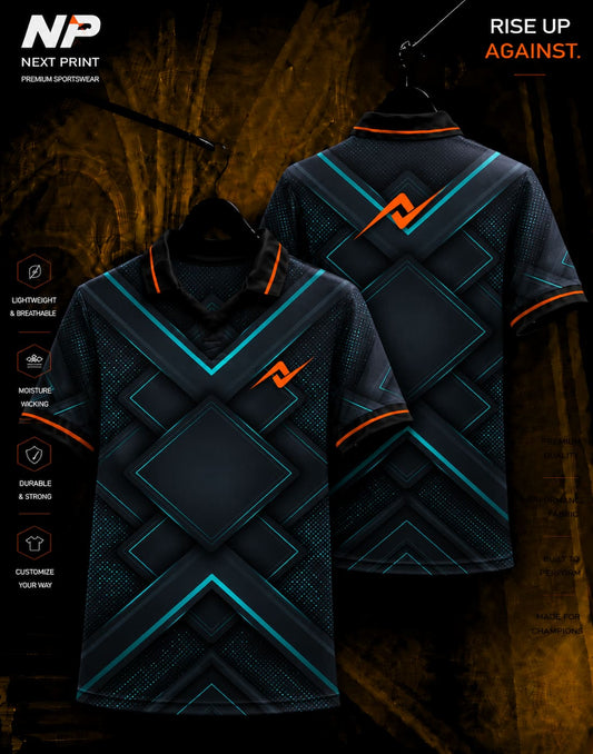 Black and teal geometric performance polo jersey with premium sublimation print, front and back view by NextPrint.