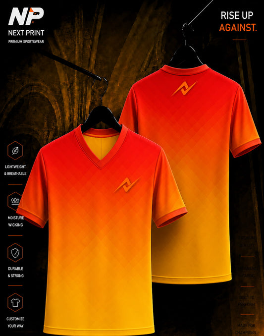 Front and back view of the NextPrint Blaze Gradient custom sublimation esports jersey featuring a red to yellow gradient with geometric pattern.