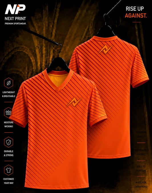 Orange gradient sports jersey with diagonal pinstripe design by NextPrint, front and back premium custom team jersey mockup.