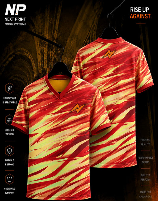 NextPrint Blaze Strike Red Abstract V-Neck Custom Sublimation Sports Jersey Front and Back View