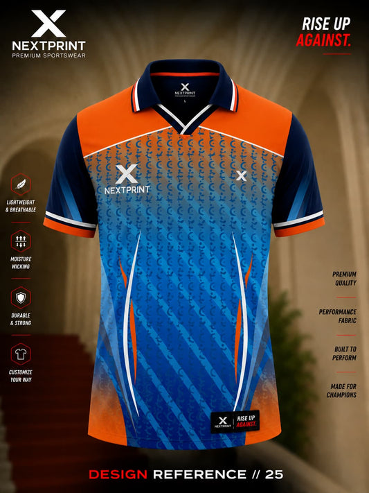 NextPrint Blaze Velocity orange and royal blue polo cricket jersey with gradient graphics and premium dry-fit performance fabric.