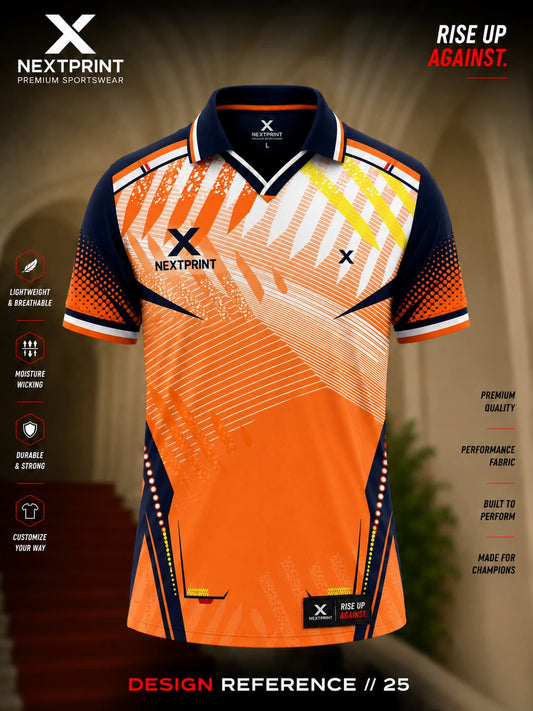 Orange and navy polo cricket jersey with dynamic speed-line graphics and premium dry-fit fabric by NextPrint Sportswear.