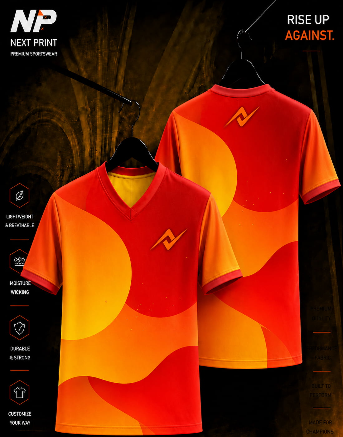 Next Print Blaze Wave Orange Red Custom Esports Jersey featuring premium sublimation design with front and back views.