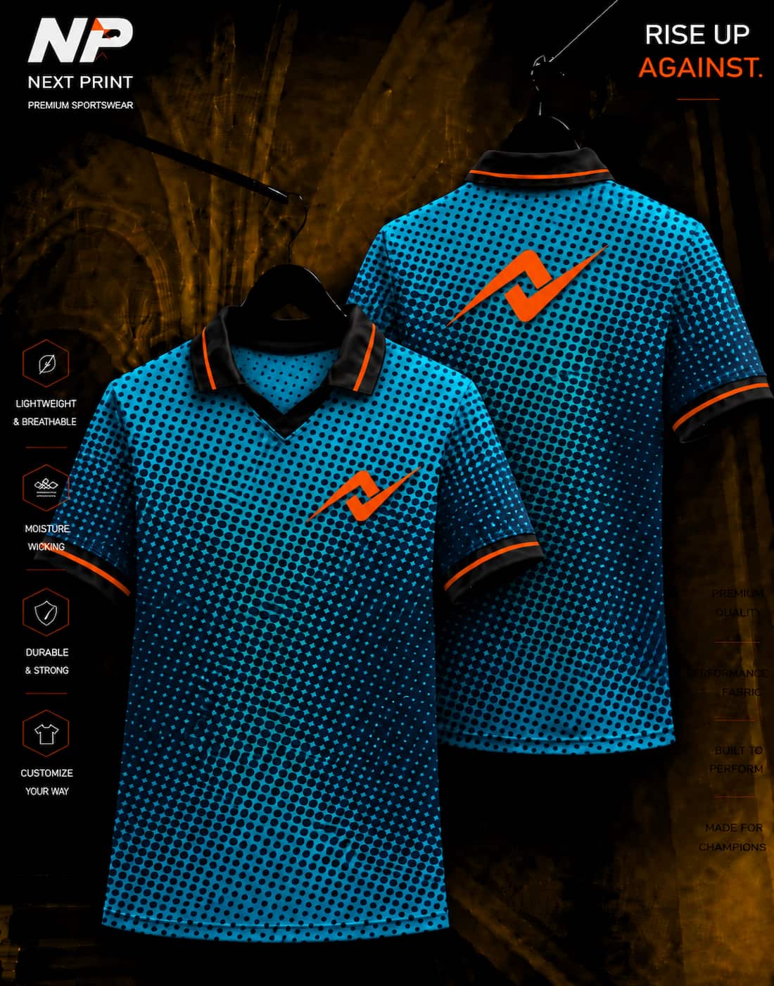 Blue Dot Matrix Performance Polo Jersey by Next Print featuring premium sublimation fabric with front and back views.