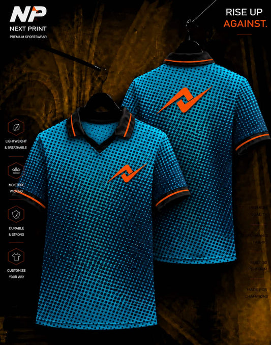 Blue Dot Matrix Performance Polo Jersey by Next Print featuring premium sublimation fabric with front and back views.