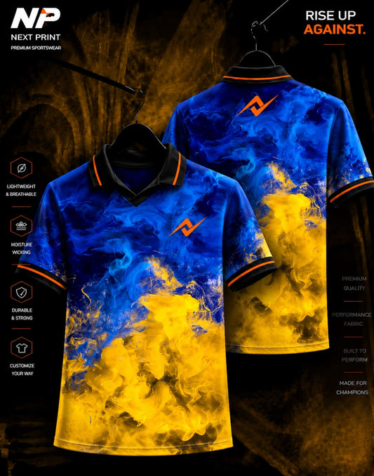Front and back view of NextPrint Blue Fusion Smoke premium sublimation polo sports jersey featuring blue and yellow smoke graphics.