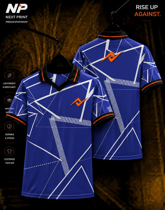 Blue geometric sublimation polo jersey front and back mockup with premium performance sportswear design by Next Print.