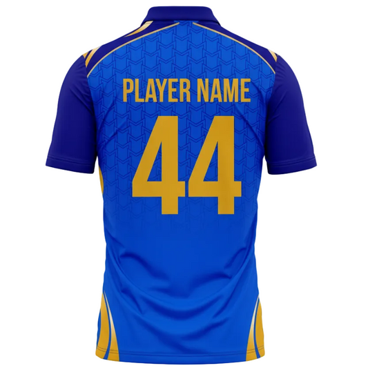 Back view of blue and gold cricket jersey with player name and number 44 customization