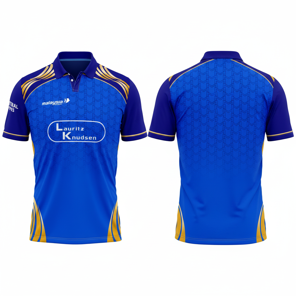 Front and back view of blue and gold custom sports jersey with polo collar design