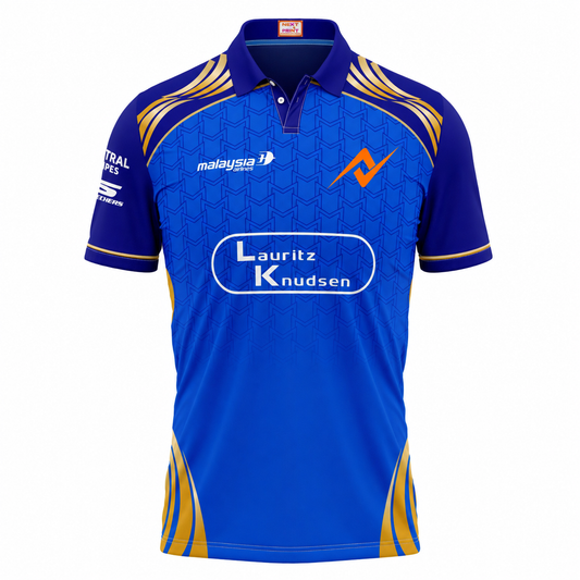 Blue and gold custom cricket jersey front view with orange Next Print logo and geometric pattern design