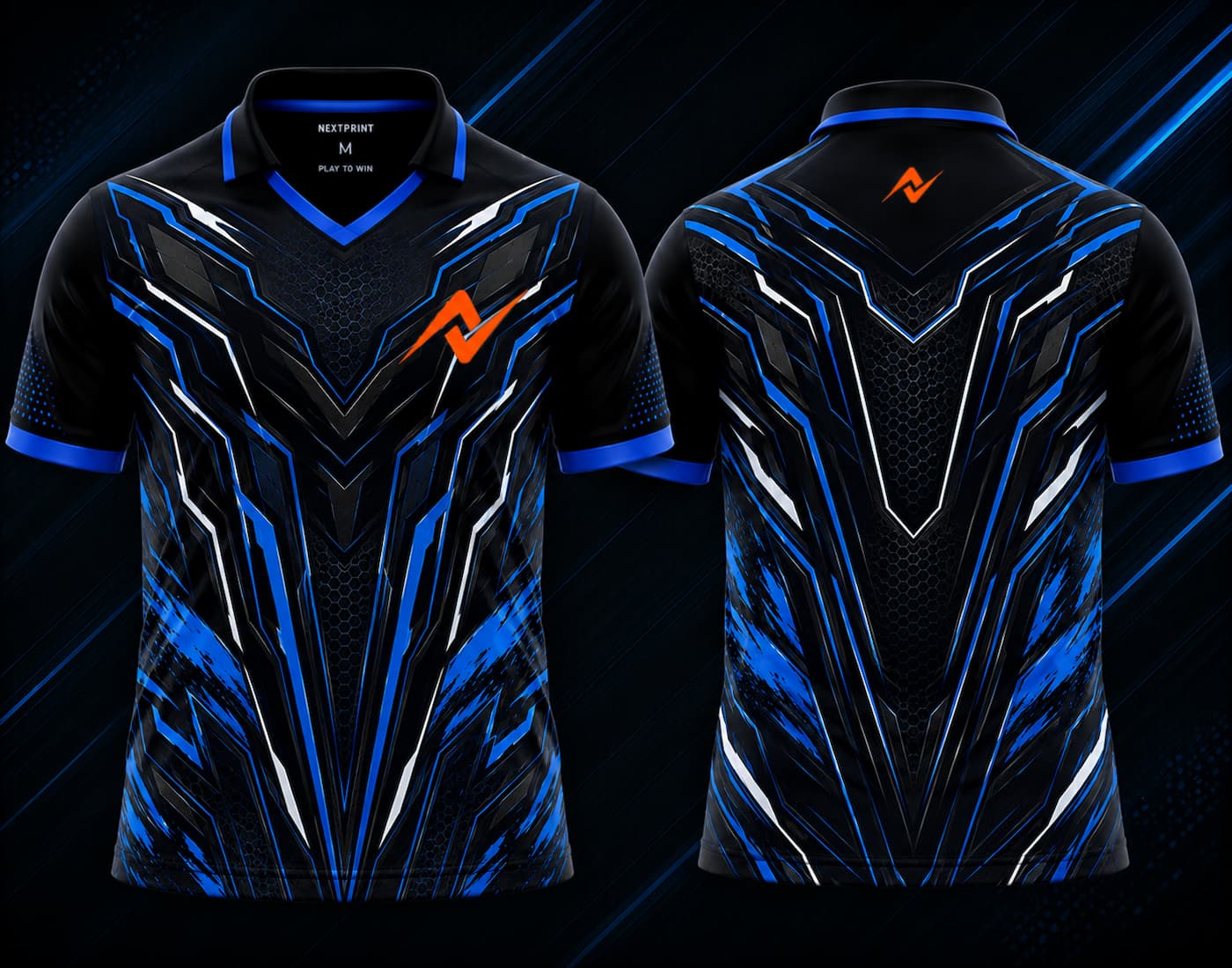Front and back view of the NextPrint Blue Titan esports jersey featuring black, electric blue, and silver cyber armor graphics with orange logo placement on the chest and upper back below the collar.