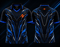 Front and back view of the NextPrint Blue Titan esports jersey featuring black, electric blue, and silver cyber armor graphics with orange logo placement on the chest and upper back below the collar.