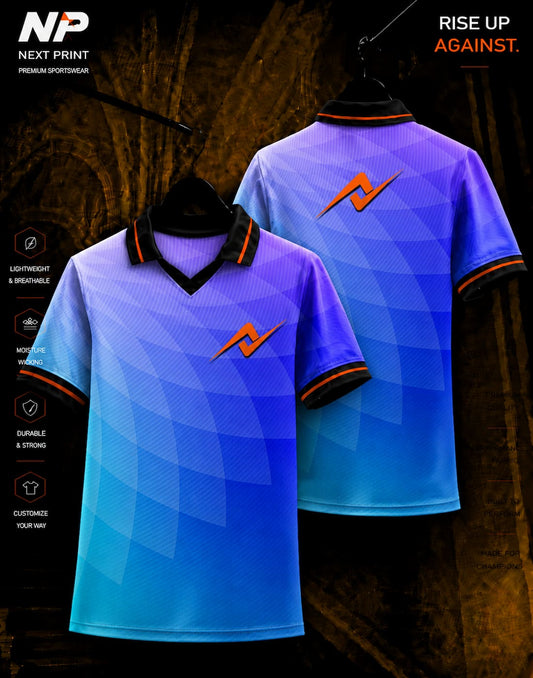 NextPrint premium blue and white geometric sublimation polo jersey front and back view with orange logo for custom sports team uniforms.