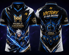Front and back view of the NextPrint Celestial Warrior Mobile Legends jersey featuring black, blue, white, and gold esports graphics with hero-inspired artwork and championship-themed design elements.