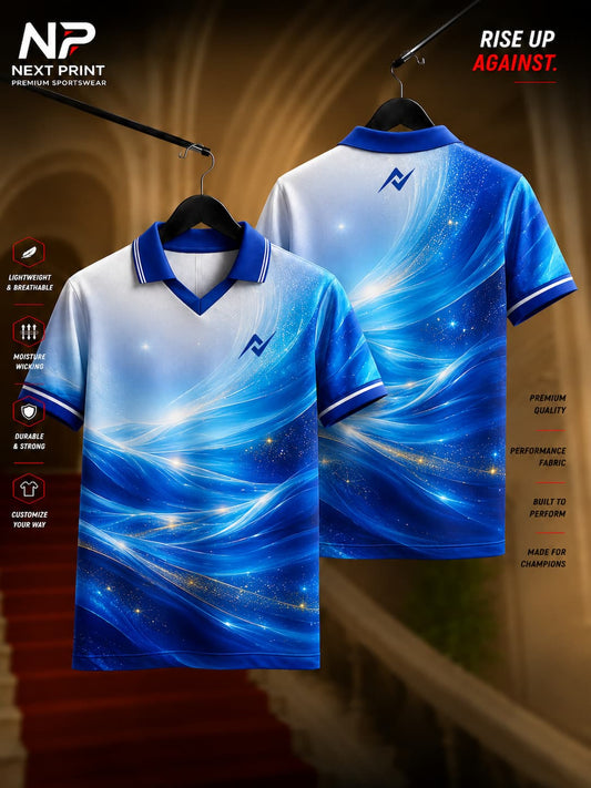 NextPrint Celestial Wave blue and white polo collar V-neck cricket jersey featuring an abstract ocean-inspired design with premium dry-fit fabric.