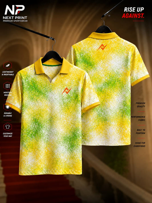 Yellow, green, and white abstract dry-fit polo sports jersey featuring a textured spray pattern with front and back views by NextPrint.