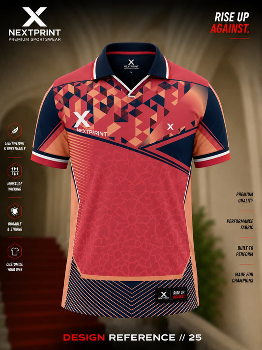NextPrint Coral Matrix polo cricket jersey featuring coral red, navy blue and peach geometric graphics with premium dry-fit performance fabric.
