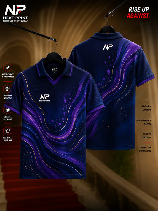 NextPrint navy and purple abstract wave polo collar V-neck cricket jersey made with premium dry-fit performance fabric.
