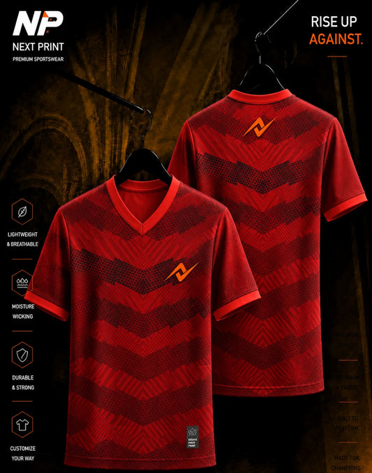 Premium crimson chevron esports jersey with geometric textured pattern, custom sublimation gaming jersey by NextPrint.