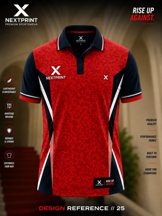 NextPrint Crimson Force red and black polo sports jersey featuring a modern camouflage pattern with premium dry-fit performance fabric.