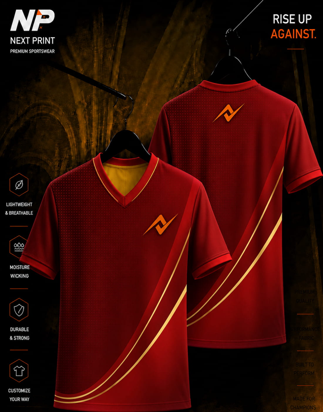 NextPrint crimson and gold curve esports jersey with front and back mockup featuring premium sublimation gaming apparel.