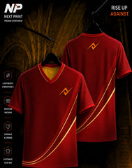 NextPrint crimson and gold curve esports jersey with front and back mockup featuring premium sublimation gaming apparel.