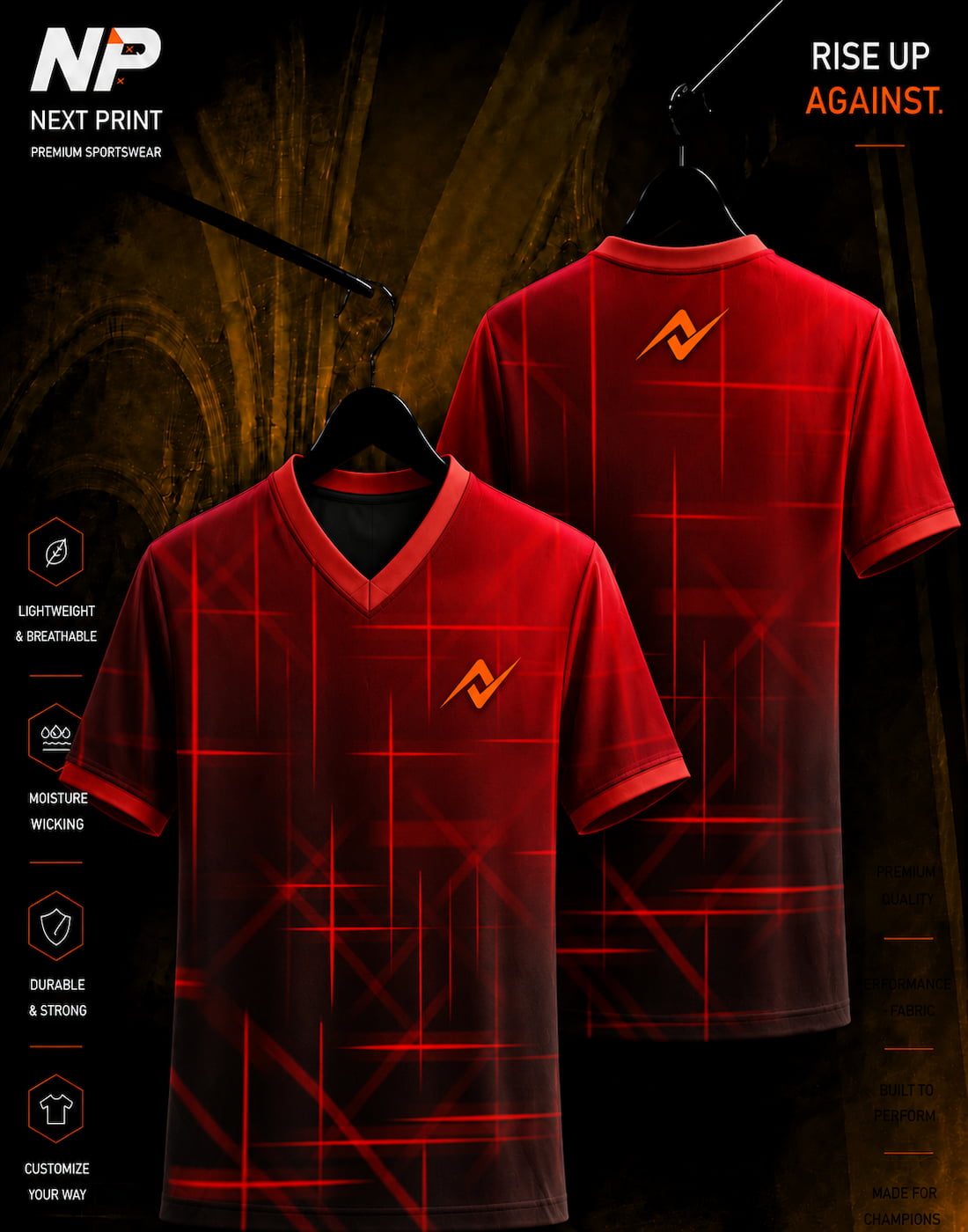 Front and back view of NextPrint crimson red geometric grid sublimation V-neck sports jersey with premium performance fabric.