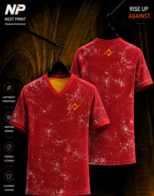 Front and back view of NextPrint crimson red grunge textured sublimation V-neck sports jersey with premium performance fabric.
