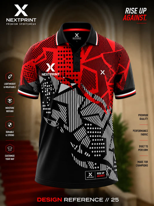NextPrint Crimson Matrix polo sports jersey featuring bold red, black, and white geometric graphics with premium dry-fit performance fabric.