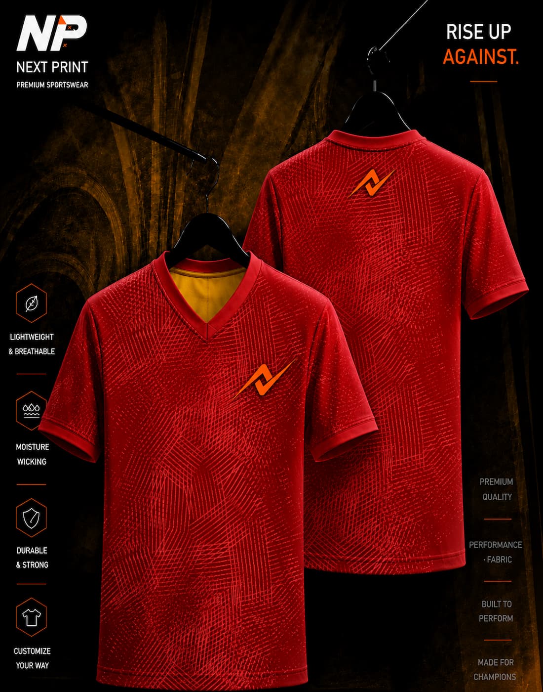Next Print Crimson Pulse premium red custom sublimation sports jersey front and back mockup