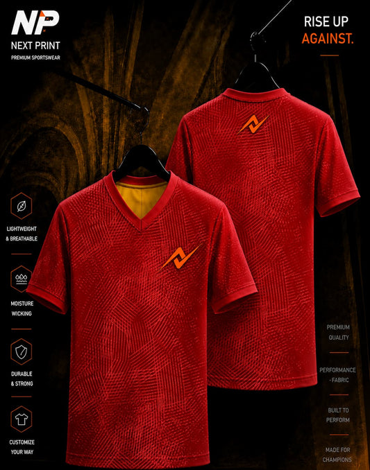 Next Print Crimson Pulse premium red custom sublimation sports jersey front and back mockup
