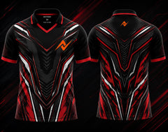 Front and back view of the NextPrint Crimson Reaper esports jersey featuring black, red, and silver futuristic graphics with orange logo placement on the chest and upper back below the collar.