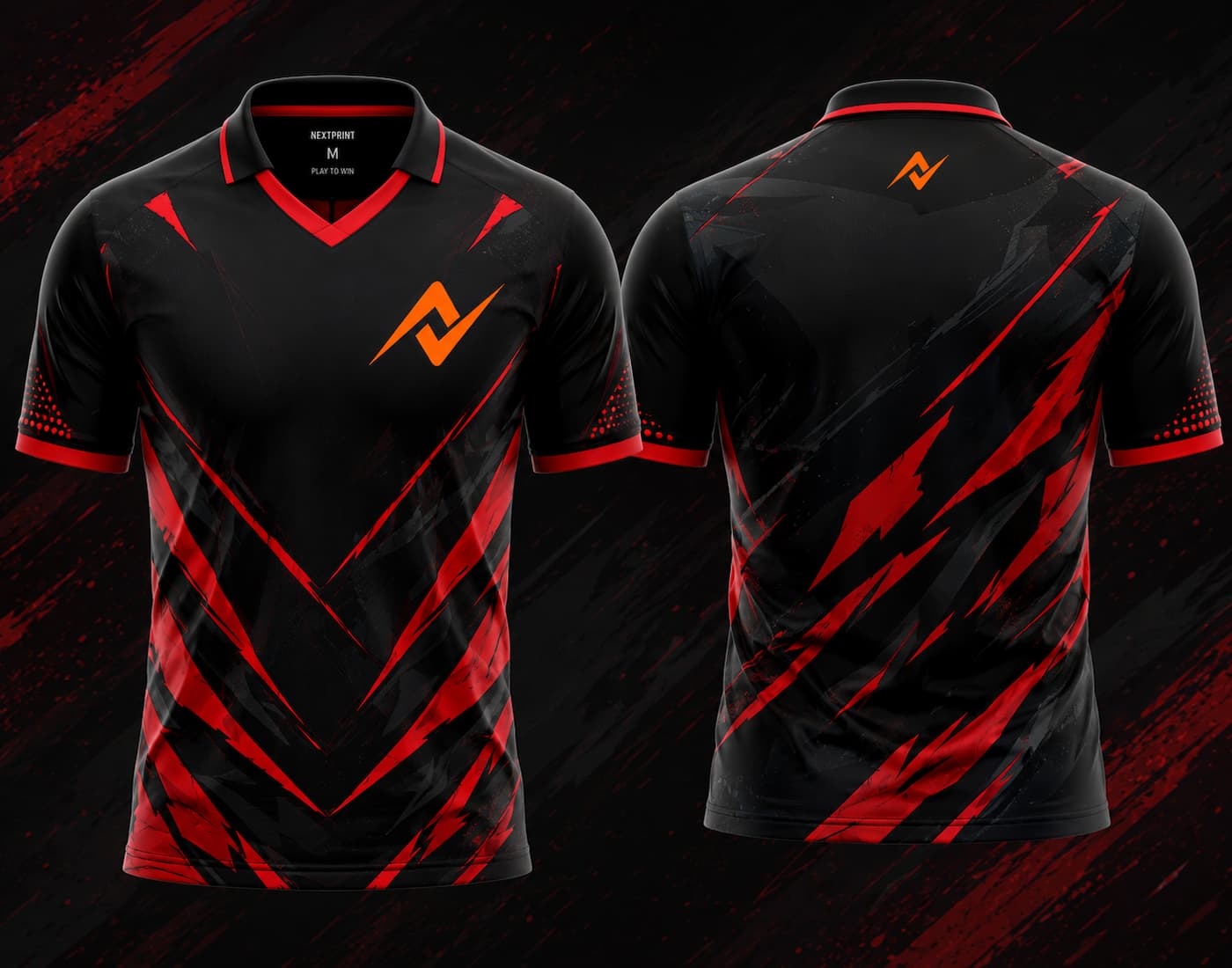Front and back view of the NextPrint Crimson Strike esports jersey featuring black and red claw-strike graphics with orange logo placement on the chest and upper back neck area.