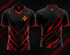 Front and back view of the NextPrint Crimson Strike esports jersey featuring black and red claw-strike graphics with orange logo placement on the chest and upper back neck area.