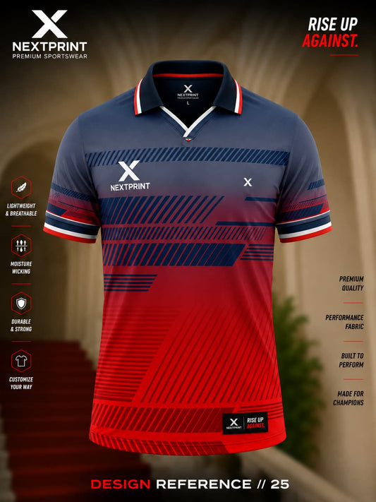 NextPrint Crimson Velocity polo cricket jersey featuring a charcoal grey and crimson red gradient with navy racing stripe graphics and premium dry-fit fabric.