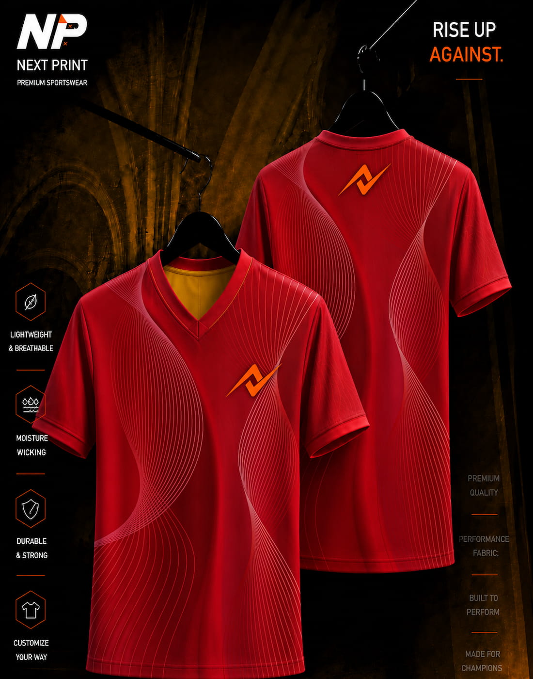 Front and back mockup of the NextPrint Crimson Wave Performance Esports Jersey featuring elegant wave graphics and premium sublimation design.